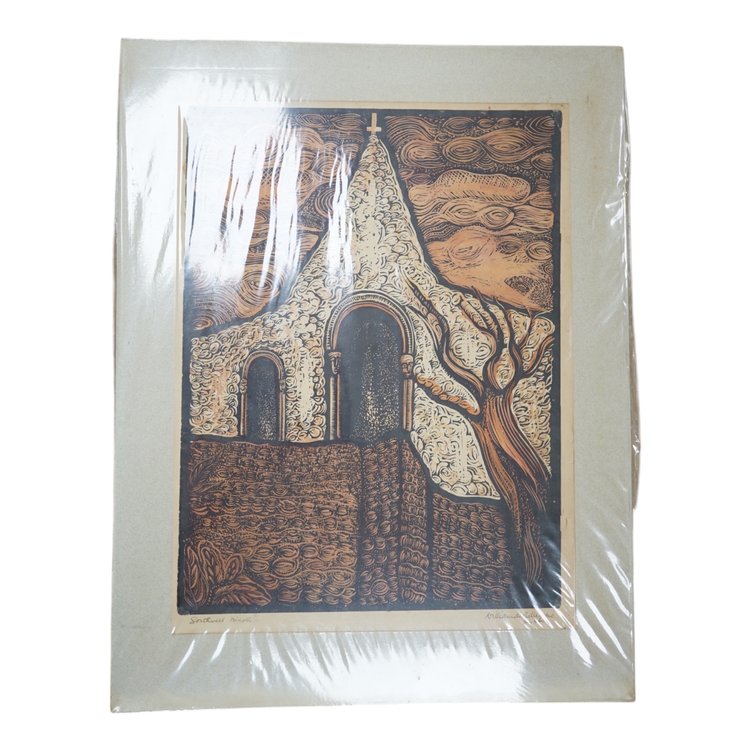 William de Belleroche (1864-1944), wood engraving, 'Southwell Minster', signed and dated Jan 44, 56 x 42cm, unframed. Condition - ground paper evenly discoloured otherwise good